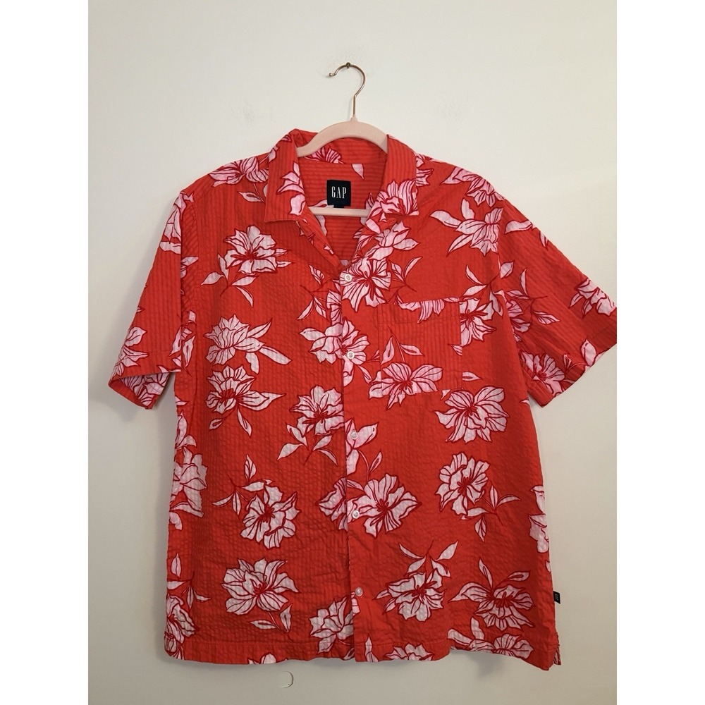 Gap Mens L Seersucker Camp Shirt Red White Floral Tropical
